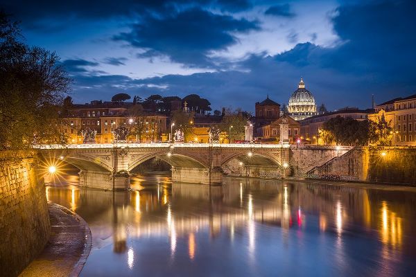 Jaynes Gallery 아티스트의 Europe-Italy-Rome-Dome of Sistine Chapel with Tiber River and bridge lit at sunset작품입니다.